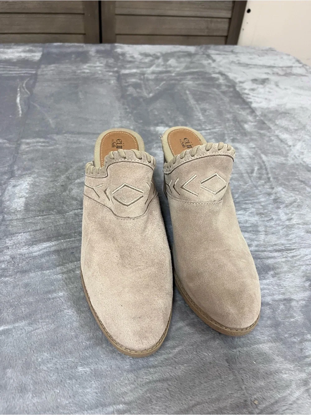 Sofft Taupe Suede Slip-On Mules with Scallop Trim